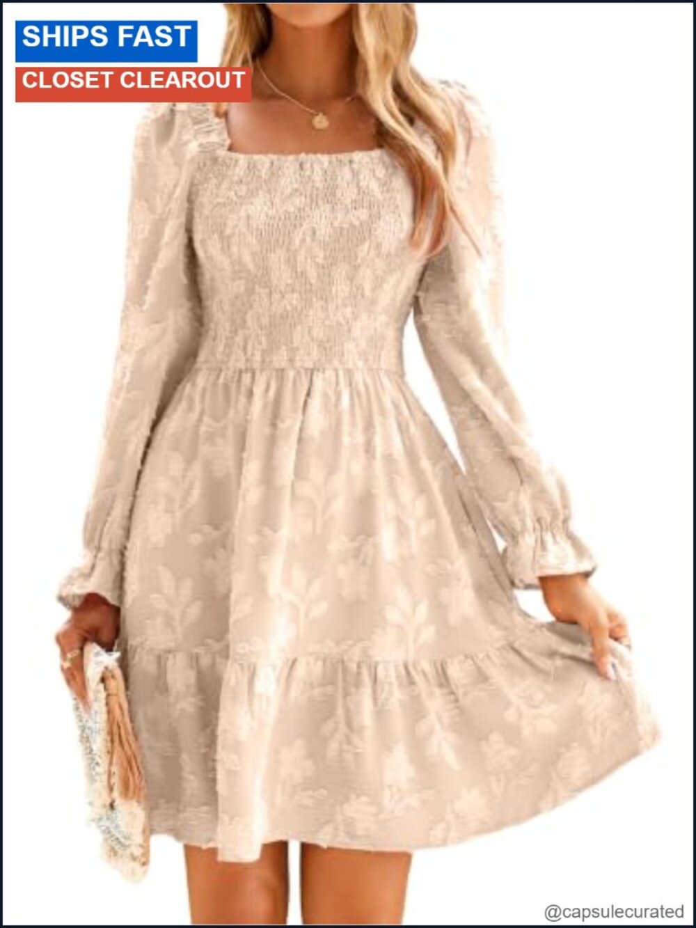 Women Square Neck Long Sleeve Mini Dress Smocked A-Line Ruffle Wedding Guest